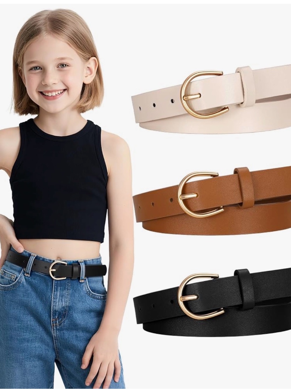 Kids Faux Leather Belt Set with Gold Buckles - Black, Brown, Cream